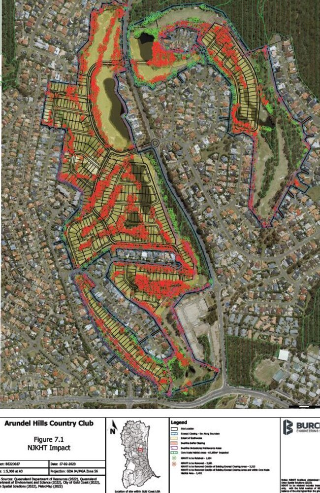An image from planning documents showing, in red, the Non-Juvenile Koala Habitat Trees to be removed in the proposed Arundel Hills development, and in green, those to be retained.