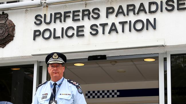 Queensland Police Commisioner Ian Stewart on the Gold Coast outside the Surfers Paradise police station in Orchid Avenue. Pic by David Clark