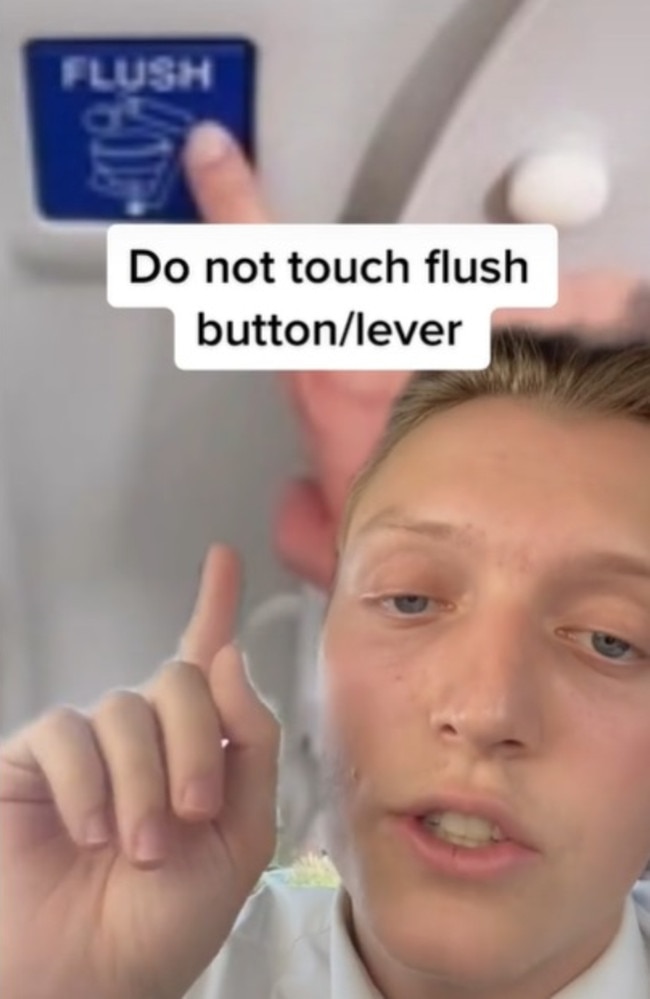 Tommy Cimato, a flight attendant from the US, advised to only press the flush button on a plane using a napkin or tissue. Picture: TikTok/tommycimato