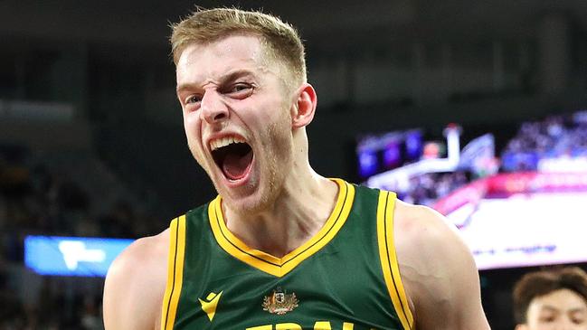 MELBOURNE, AUSTRALIA - JUNE 30: Jack White of Australia celebrates his dunk during the FIBA World Cup Asian Qualifier match between the Australia Boomers and China at John Cain Arena on June 30, 2022 in Melbourne, Australia. (Photo by Kelly Defina/Getty Images)