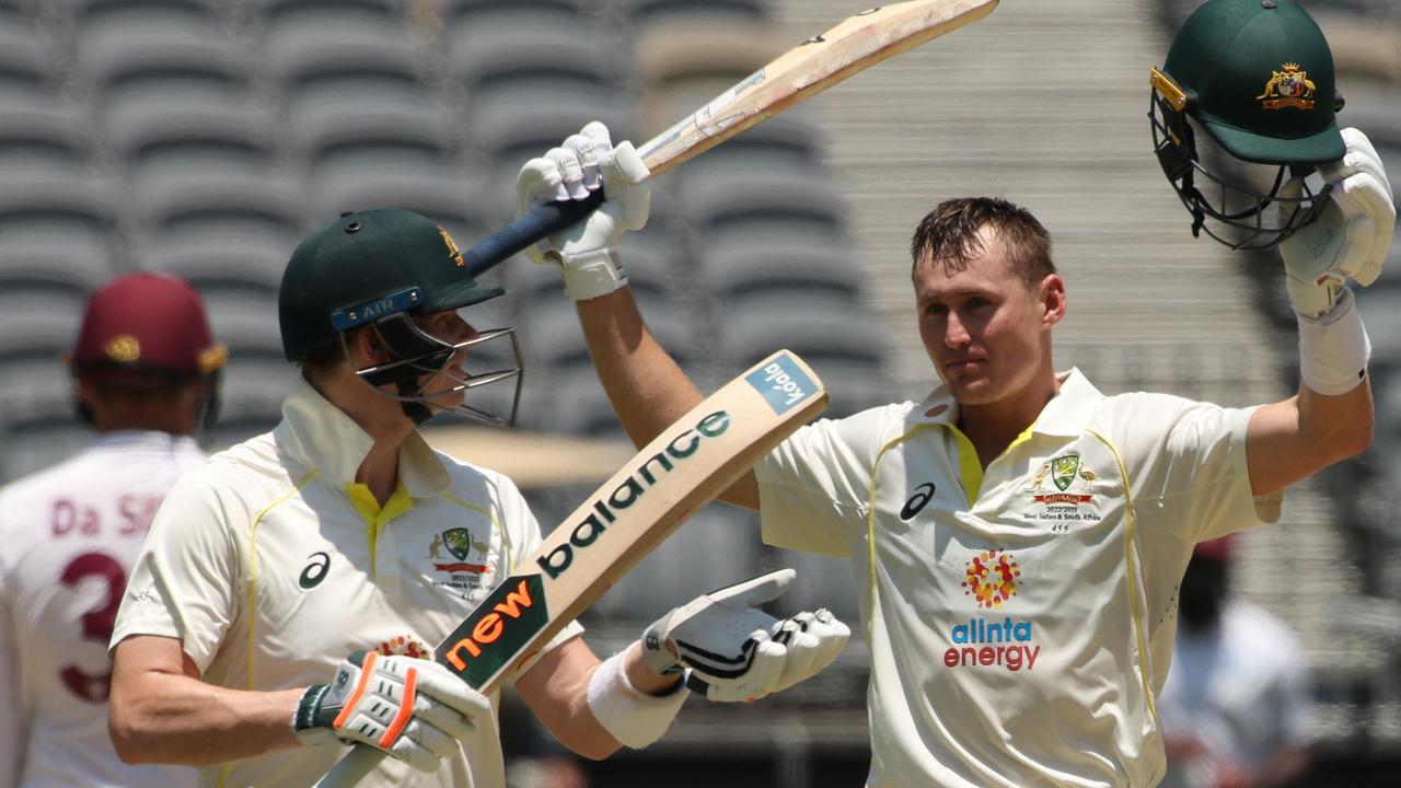 Marnus Labuschagne celebrates his century against the West Indies. Picture: AFP Images