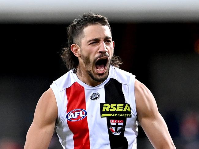 GOLD COAST, AUSTRALIA - JULY 10: Ben Long of the Saints celebrates after kicking a goal during the round 17 AFL match between Brisbane Lions and St Kilda Saints at The Gabba on July 10, 2021 in Brisbane, Australia. (Photo by Bradley Kanaris/Getty Images)