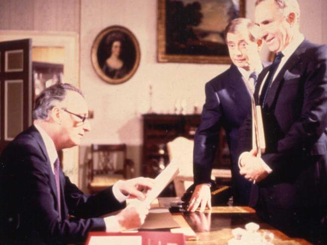 Actors (L-R) Paul Eddington, Derek Fowlds and Nigel Hawthorne in TV show Yes, Minister. Picture: Supplied