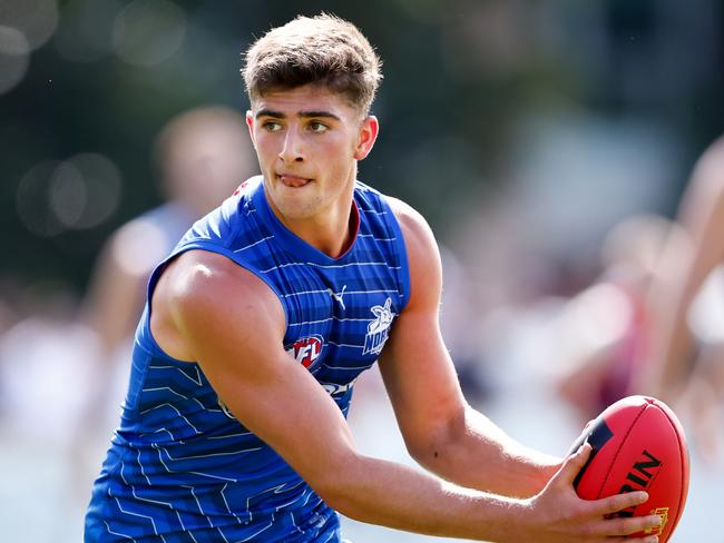 MELBOURNE, AUSTRALIA - FEBRUARY 22: Harry Sheezel of the Kangaroos in action during the 2025 AFL match simulation between the North Melbourne Kangaroos and Melbourne Demons at Arden Street on February 22, 2025 in Melbourne, Australia. (Photo by Dylan Burns/AFL Photos via Getty Images)