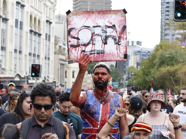 Protesters march at the “Invasion Day” protest in Sydney. Picture: NewsWire / Damian Shaw