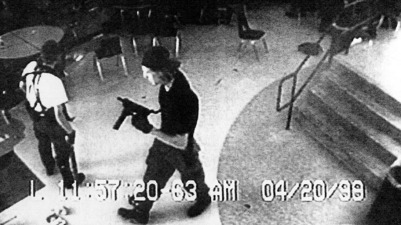Eric Harris, left and Dylan Klebold, right, are shown in a still photo taken from CCTV during the shooting rampage. Picture: Jefferson County Sheriff's Department