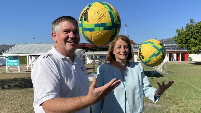 Football Queensland General Manager Northern Declan Carnes and Townsville Mayor Jenny Hill at the Murray Sports Precinct. Picture: Leighton Smith.