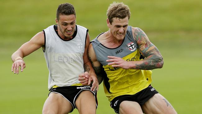 Tim Membrey battles with Nathan Wright at St Kilda training. Picture: Colleen Petch