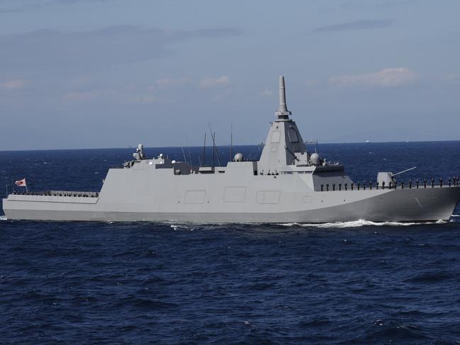 YOKOSUKA, JAPAN - NOVEMBER 06: The Japan Maritime Self-Defence Force stealth frigate JS Mogami (FFM-1) participates in an International Fleet Review commemorating the 70th anniversary of the founding of the Japan Maritime Self-Defence Force at Sagami Bay on November 6, 2022 off Yokosuka, Japan. The Japan Maritime Self-Defence Force (JMSDF) is commemorating the 70th anniversary of their founding today. (Photo by Issei Kato - Pool/Getty Images)