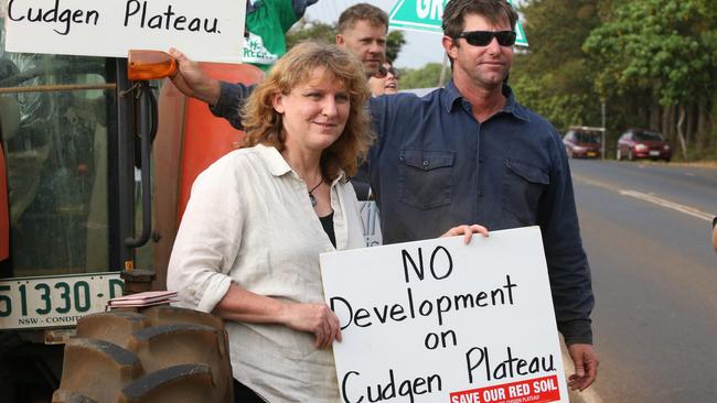 Tweed District Mayor Katie Milne and James Paddon at the protest outside the site of the new Tweed Valley Hospital at Cudgen. Photo Scott Powick