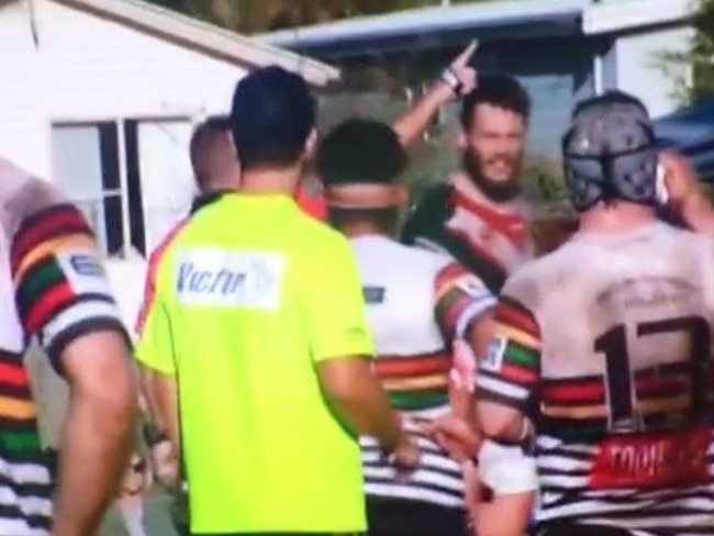 (An Erina player given his marching orders after an on-field fight with Berkeley Vale’s Tane Tutaki during the match. Picture: NBN TV)