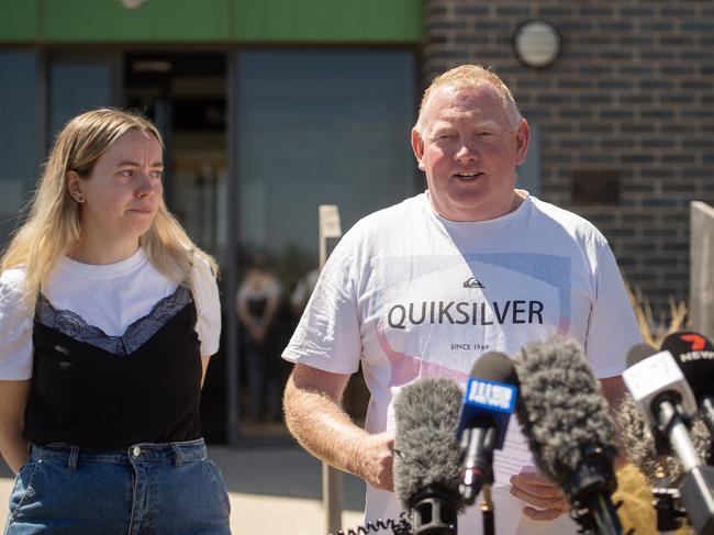 Mr Murphy and daughter Jess Murphy, speak to media outside Ballarat West Police Station. Picture: Nicki Connolly