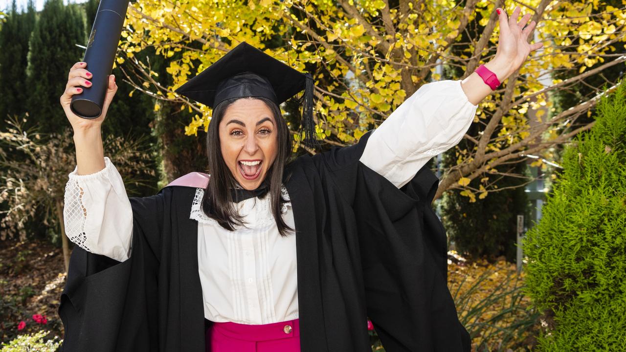 Aida Daher celebrates her Bachelor of Education (Primary) at a UniSQ graduation ceremony at Empire Theatres, Tuesday, June 27, 2023. Picture: Kevin Farmer