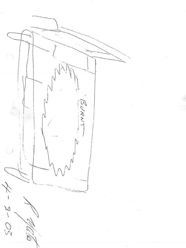 A witness drawing of the bed that Lorna Pholi burnt while Bradford was sleeping.