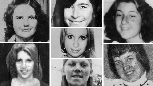 The Truro murders victims, clockwise from top left, Veronica Knight, Julia Mykyta, Connie Iordanides, Deborah Lamb, Vicki Howell, Tania Kenny, and centre, Sylvia Pittman.