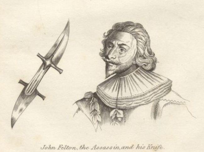 A 17th century engraving showing assassin John Felton with the murder weapon.