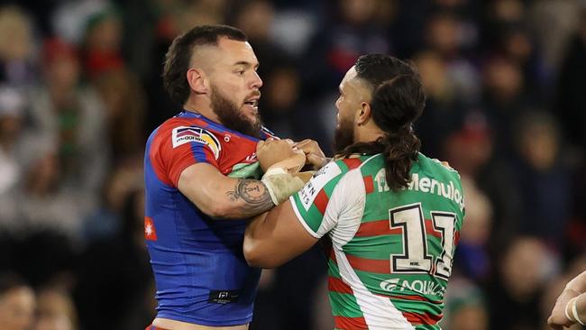 NEWCASTLE, AUSTRALIA - JULY 08: David Klemmer of the Knights during an altercation with the Rabbitohs during the round 17 NRL match between the Newcastle Knights and the South Sydney Rabbitohs at McDonald Jones Stadium, on July 08, 2022, in Newcastle, Australia. (Photo by Ashley Feder/Getty Images)