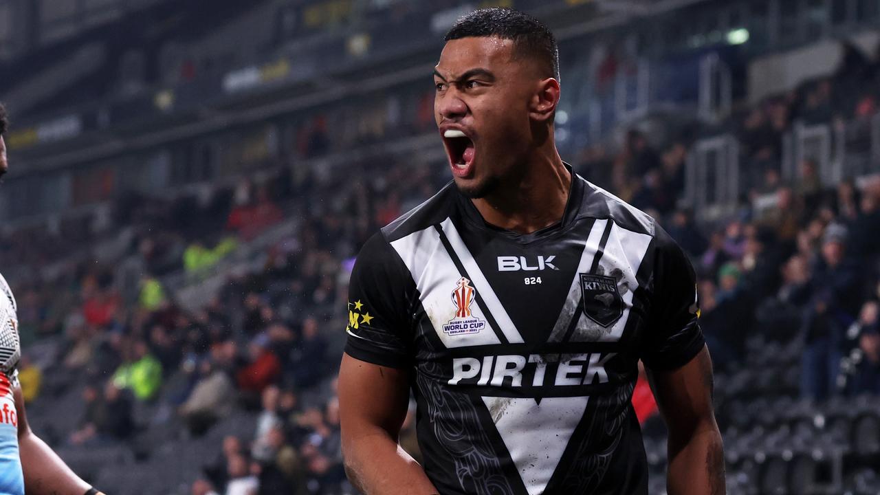 HULL, ENGLAND - NOVEMBER 05: Ronaldo Mulitalo of New Zealand celebrates their sides first try during the Rugby League World Cup Quarter Final match between New Zealand and Fiji at MKM Stadium on November 05, 2022 in Hull, England. (Photo by Alex Livesey/Getty Images for RLWC)