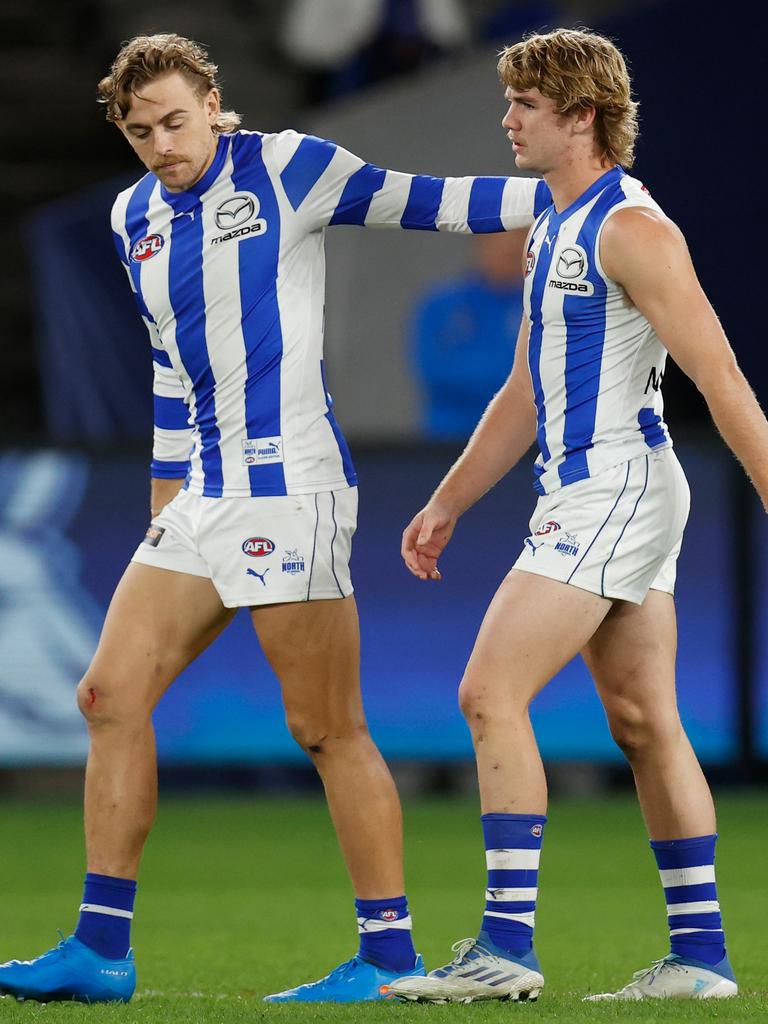 Horne-Francis, right, and teammate Hugh Greenwood earlier in the year. Picture: Michael Willson/AFL Photos