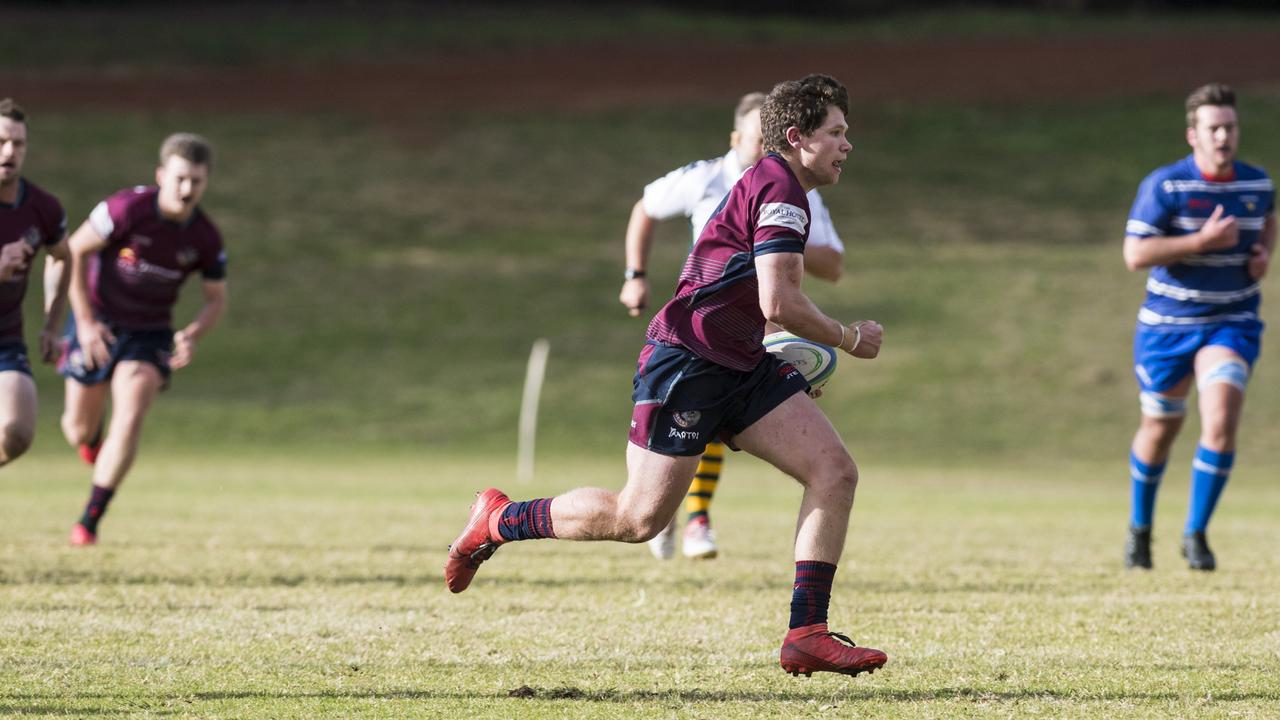 Declan Pickard on the way to a Toowoomba Bears try against USQ in Downs Rugby Risdon Cup round 11 rugby union at USQ, Saturday, June 19, 2021. Picture: Kevin Farmer