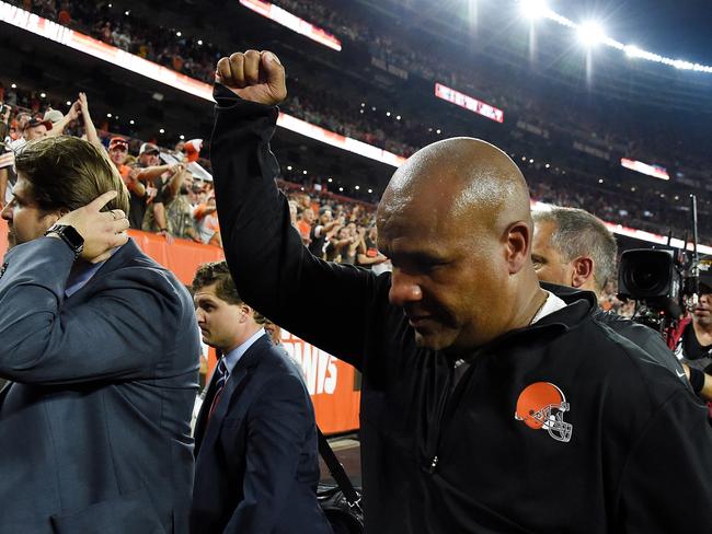 Cleveland Browns head coach Hue Jackson celebrates the four-point victory. Picture: AFP