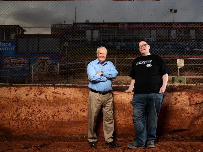 Beloved speedway journalist Dennis Newlyn with stats man and writer Shaun MacDonald. “I have always said Shaun reminds me of how I was many decades ago making my way in the writing game, full of so much enthusiasm,” Mr Newlyn said. Picture: Jonathan Ng