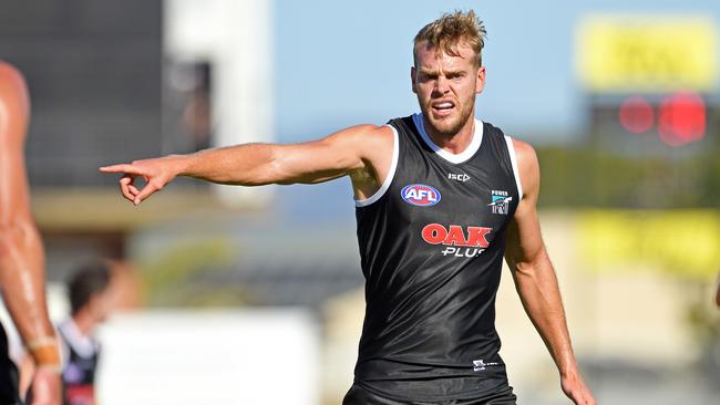 Jack Watts gives instructions during Port Adelaide’s trial game on Friday. Picture: Tom Huntley