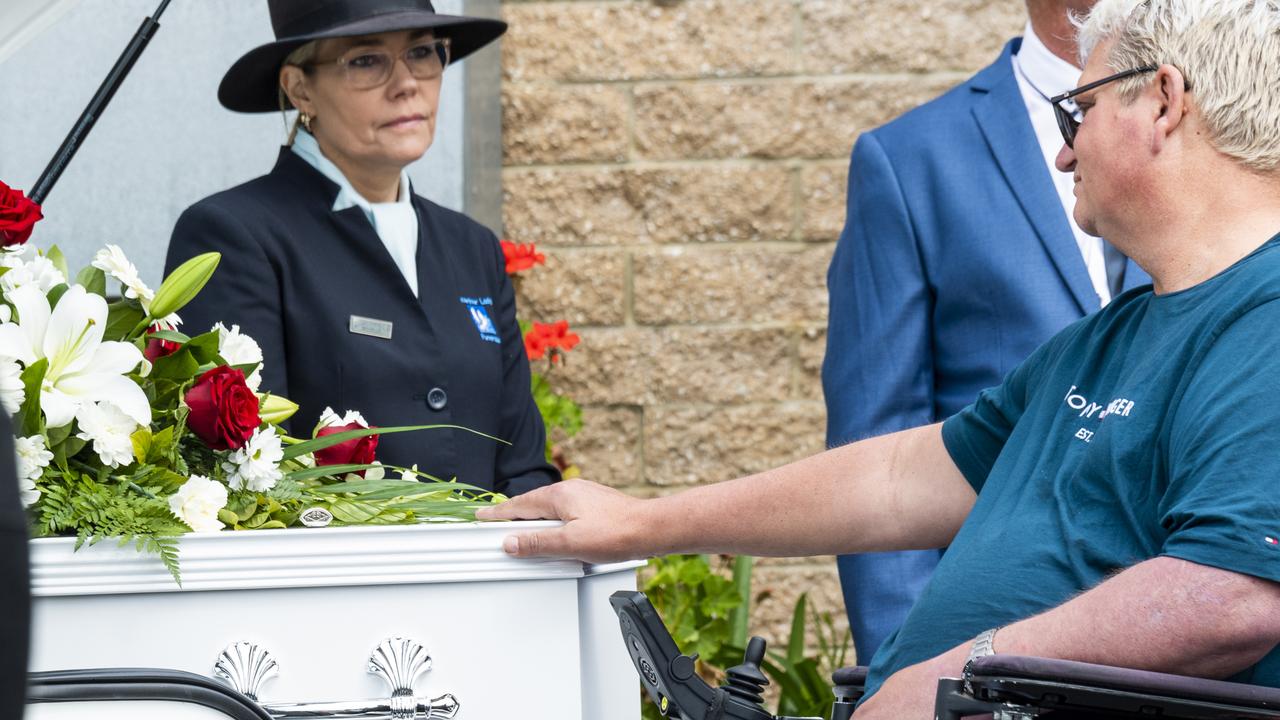 John Van De Putte places a hand on Tyrese Bechard’s coffin. Picture: NCA NewsWire / Monique Harmer