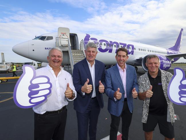 Sunshine Coast Airport CEO Andrew Brodie, tourism minister Stirling Hinchliffe, Queensland treasurer Cameron Dick and Bonza chief executive Tim Jordan pictured at the launch of the airline.