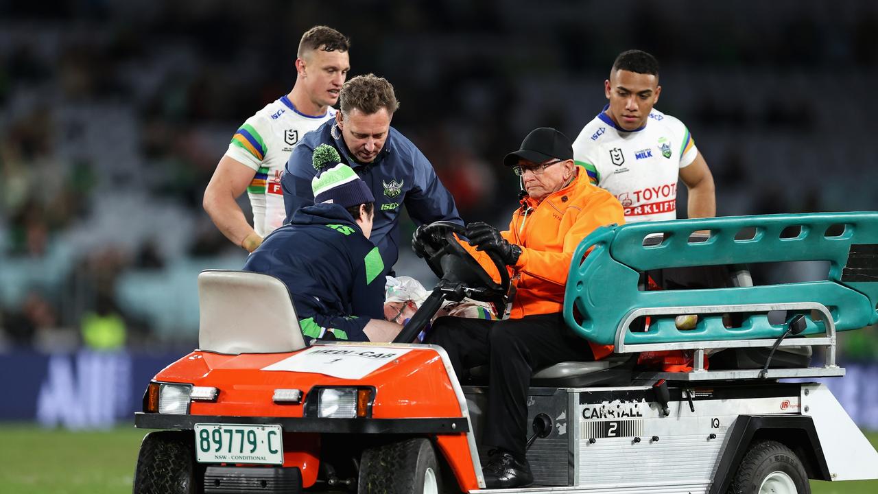 Corey Harawira-Naera of the Raiders is driven off the field in a Medi-Cab after collapsing during the round 13 NRL match between South Sydney Rabbitohs and Canberra Raiders. (Photo by Brendon Thorne/Getty Images)