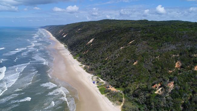 Aerial drone photos of Teewah Beach, Great Sandy National Park, Queensland.