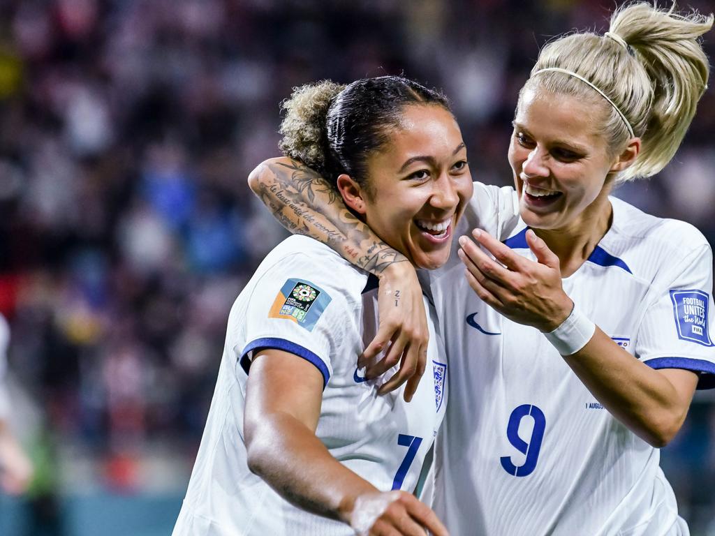 Lauren James celebrates England’s fourth goal v China in Adelaide. Picture: Phil Radoslovich/DeFodi Images/Getty Images