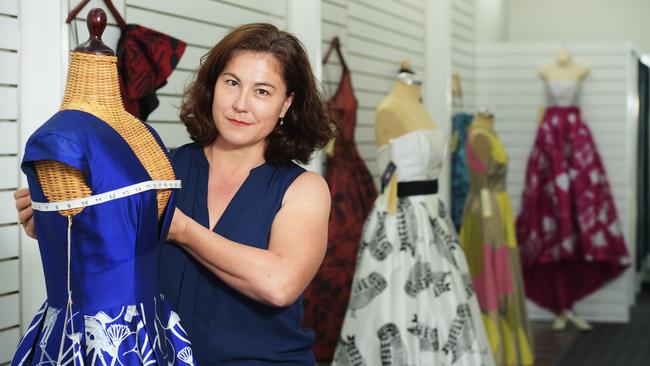 Fashion designer and Owner of Albertini Adriana Dent makes her dresses from Indigenous prints. She recently opened a pop up store in Darwin CBD. Picture: Keri Megelus