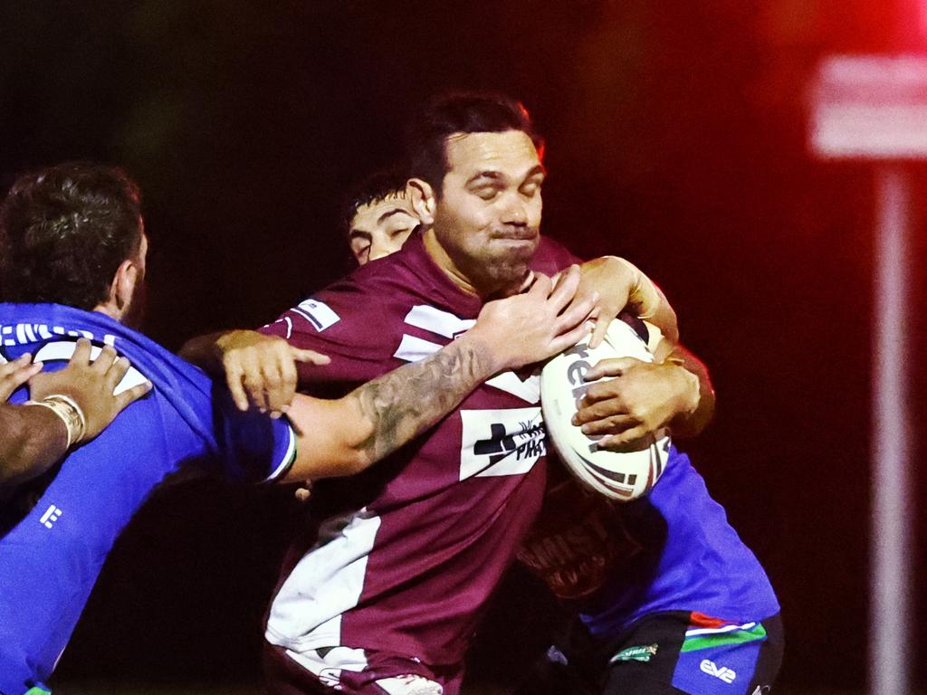 Yarrabah's Hezron Murgha breaks the defensive line in the Far North Queensland Rugby League (FNQRL) Men's minor semi final match between the Innisfail Leprechauns and the Yarrabah Seahawks, held at Smithfield Sporting Complex. Picture: Brendan Radke