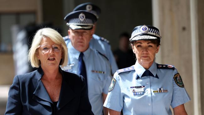 Minister for Police and Counter-terrorism, Yasmin Catley, NSW Police Commissioner Karen Webb and Assistant Commissioner Peter McKenna address the media ahead of the rally. Picture: NewsWire / Damian Shaw