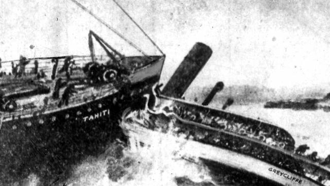 An artist’s impression of the moment the Tahiti collided with the Greycliffe ferry causing it to sink.