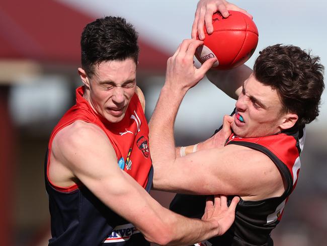 Football. Tasmanian State League. North Hobart V North Launceston. Jacob Steele North Hobart and Jackson Callow North Launceston. Picture: NIKKI DAVIS-JONES