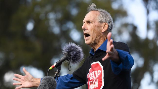 Bob Brown addresses an anti-Adani rally during the election campaign.