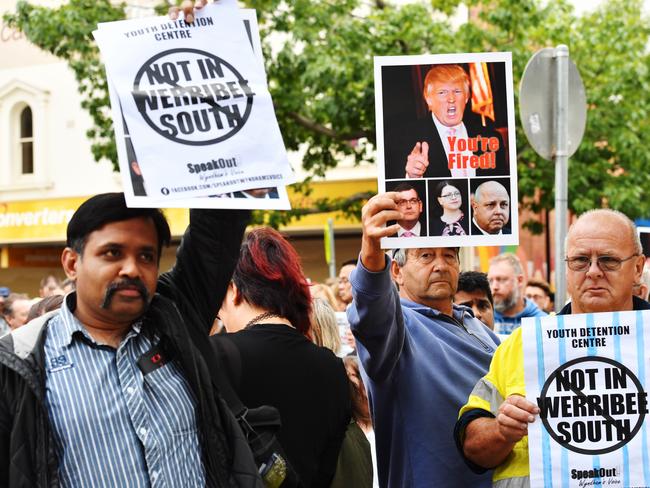 Locals gather to protest against the building of a youth justice centre in Werribee. Picture: Jake Nowakowski