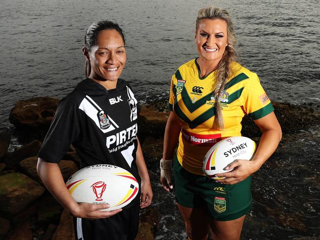 Kiwi Ferns' captain Sarina Fiso and Jillaroos captain Ruan Sims pose for a photo after the announcement of the Women's World Cup to coincide with the Men's World Cup in Sydney at Mrs Macquarie's Chair. Picture. Brett Costello