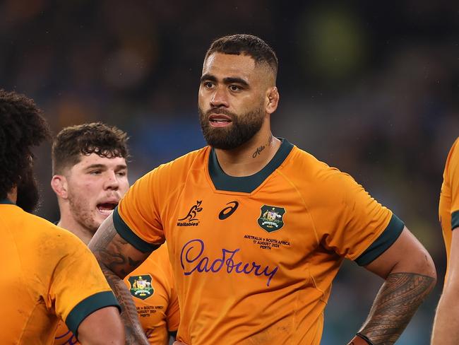 PERTH, AUSTRALIA - AUGUST 17: Lukhan Salakaia-Loto of the Wallabies looks on during The Rugby Championship match between Australia Wallabies and South Africa Springboks at Optus Stadium on August 17, 2024 in Perth, Australia. (Photo by Paul Kane/Getty Images)