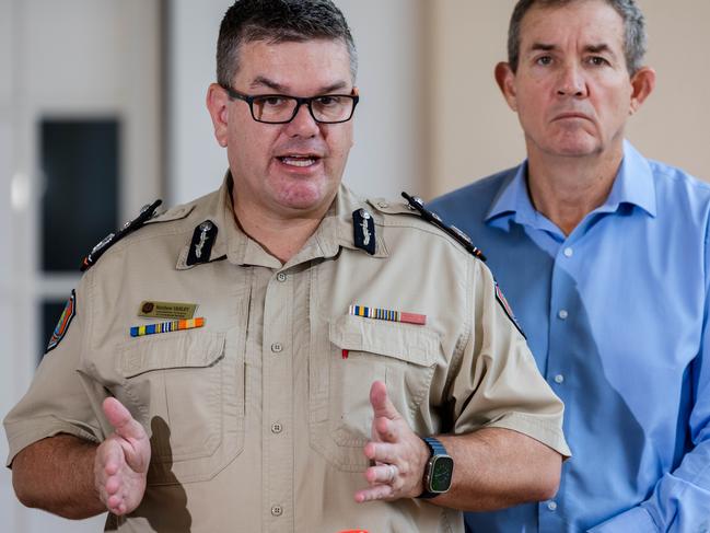 Corrections Commissioner Matthew Varley and NT deputy Chief Minister Minister Gerard Maley speaking outside of NT Parliament on Thursday ahead of a vote on a bill that will allow private contractors to take on prison officer roles. Picture: Pema Tamang Pakhrin