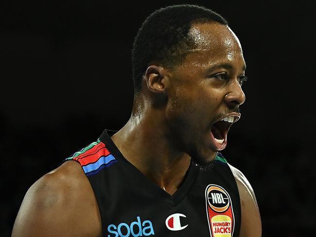 MELBOURNE, AUSTRALIA - JUNE 25:  Scotty Hopson of Melbourne United celebrates after a dunk during game three of the NBL Grand Final Series between Melbourne United and the Perth Wildcats at John Cain Arena, on June 25, 2021, in Melbourne, Australia. (Photo by Quinn Rooney/Getty Images)