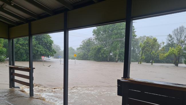 Flood waters in Grantham seen from the front veranda of the Floating Cafe at 1.12pm Friday, February 25, 2022.