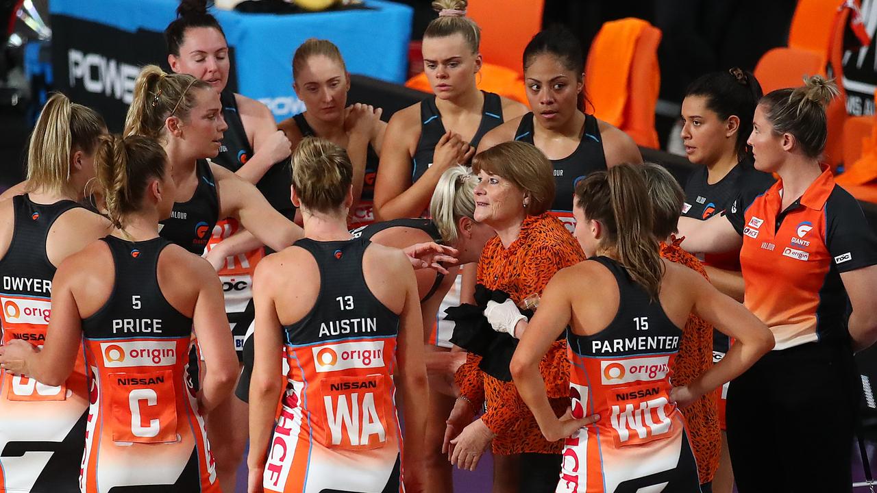 BRISBANE, AUSTRALIA - AUGUST 02: Giants coach Julie Fitzgerald talks to her team during the round one Super Netball match between the Giants and the NSW Swifts at Nissan Arena on August 02, 2020 in Brisbane, Australia. (Photo by Jono Searle/Getty Images)