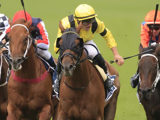 SYDNEY, AUSTRALIA - APRIL 17: Tom Marquand on Addeybb wins race 8 the Longines Queen Elizabeth Stakesduring day two of The Championships at Royal Randwick Racecourse on April 17, 2021 in Sydney, Australia. (Photo by Mark Evans/Getty Images)