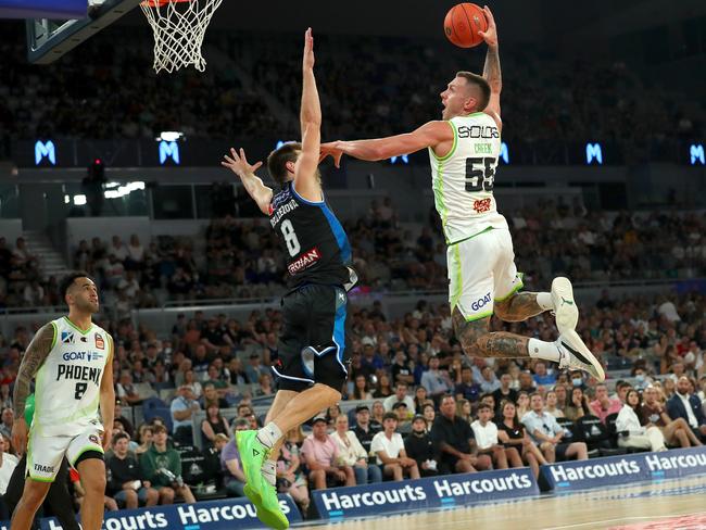 Mitch Creek produced one of the moments of the NBL season with this epic poster dunk on Matthew Dellavedova back in round 2. Photo: Kelly Defina/Getty Images.