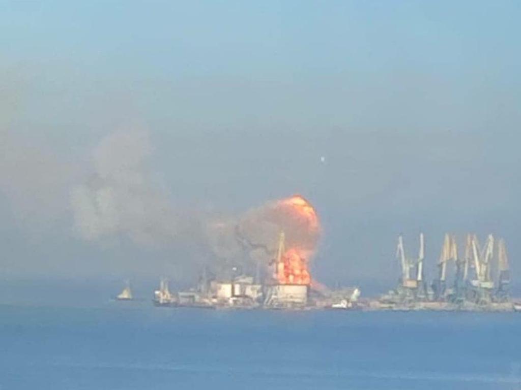 The large landing ship "Orsk" of the Russian Navy's Black Sea Fleet as it is destroyed, according to the Ukrainian Navy.