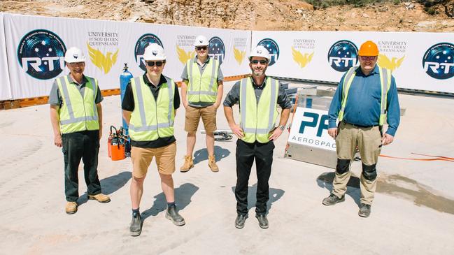 At the Helidon Rocket Test Site (from left) Professor David Buttsworth from Thermofluids Engineering, Dr Fabian Zander, USQ Senior Research Fellow, Byrenn Birch, USQ School of Mechanical Engineering, Professor Peter Schubel, Executive Director, USQ's Institute for Advanced Engineering and Space Sciences and Nick Green from PFI Aerospace.