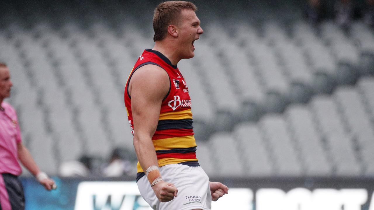 Tyler Welsh celebrates kicking one of his five goals for the Crows against Port Adelaide in the SANFL Showdown. Picture: Peter Argent